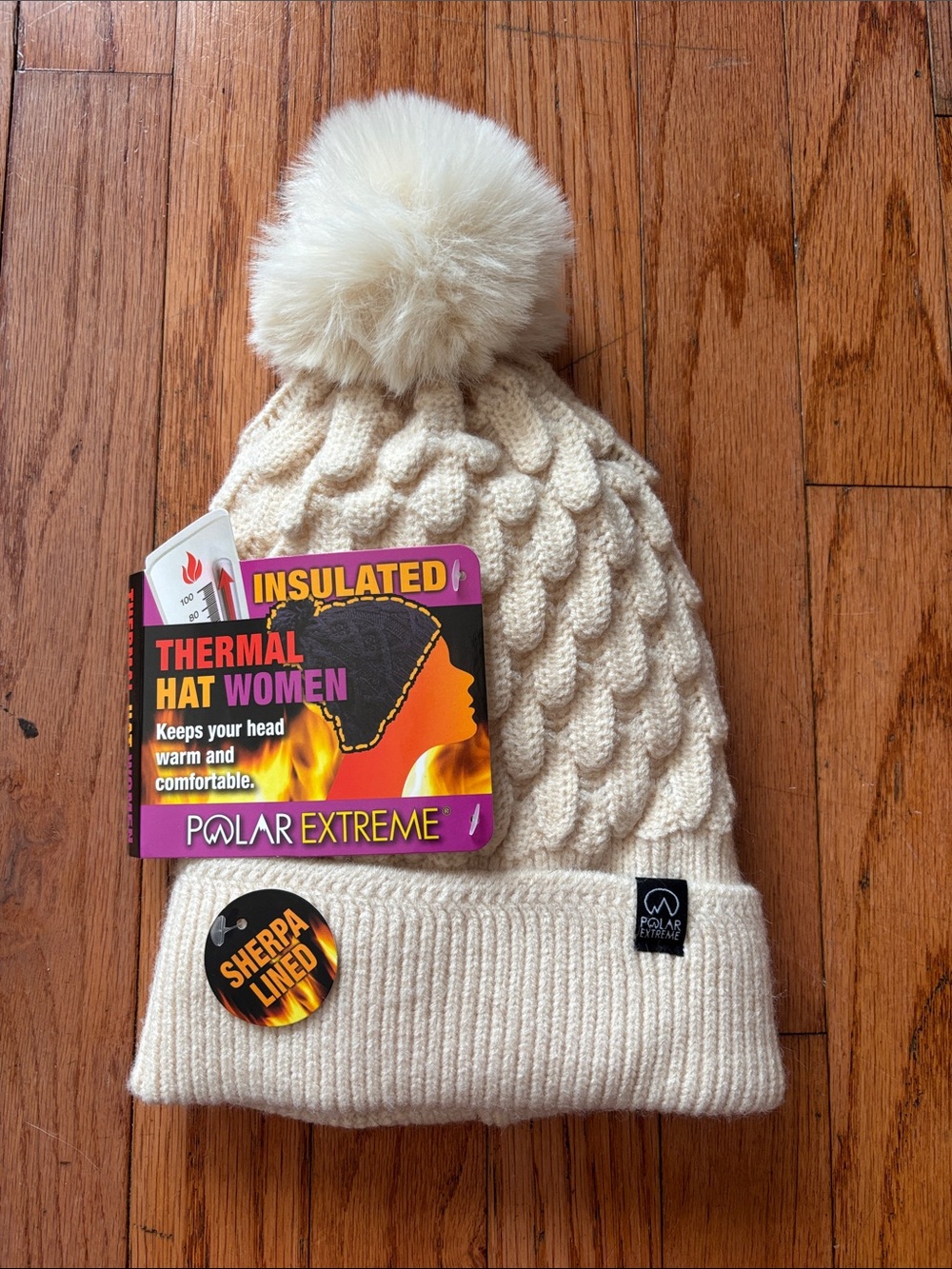 Insulated Thermal hat Cream Cable Knit Pom Beanie, Sherpa lined